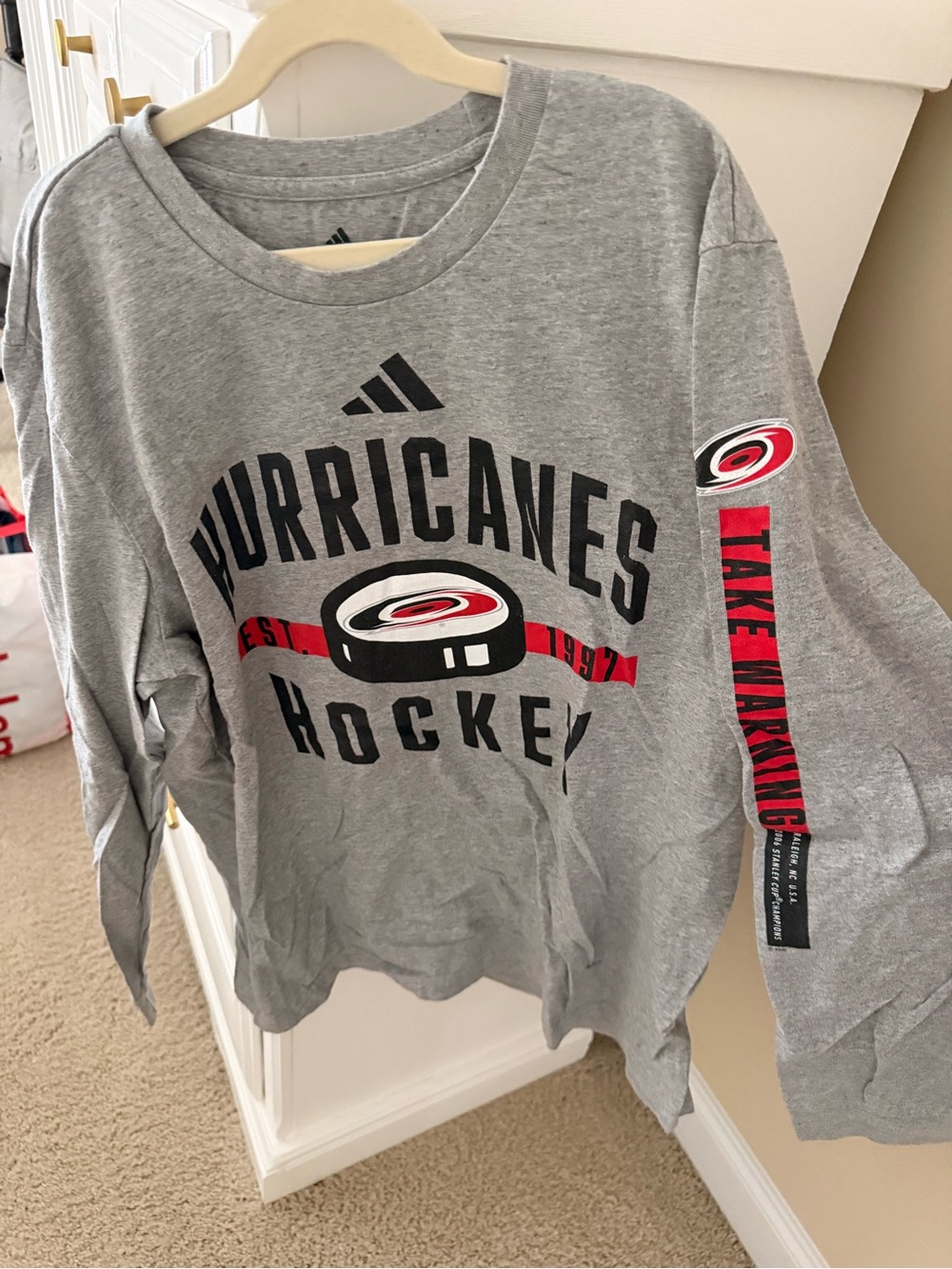 Adidas Gray Carolina Hurricanes Hockey Long Sleeve Tee - Gray/Red/Black